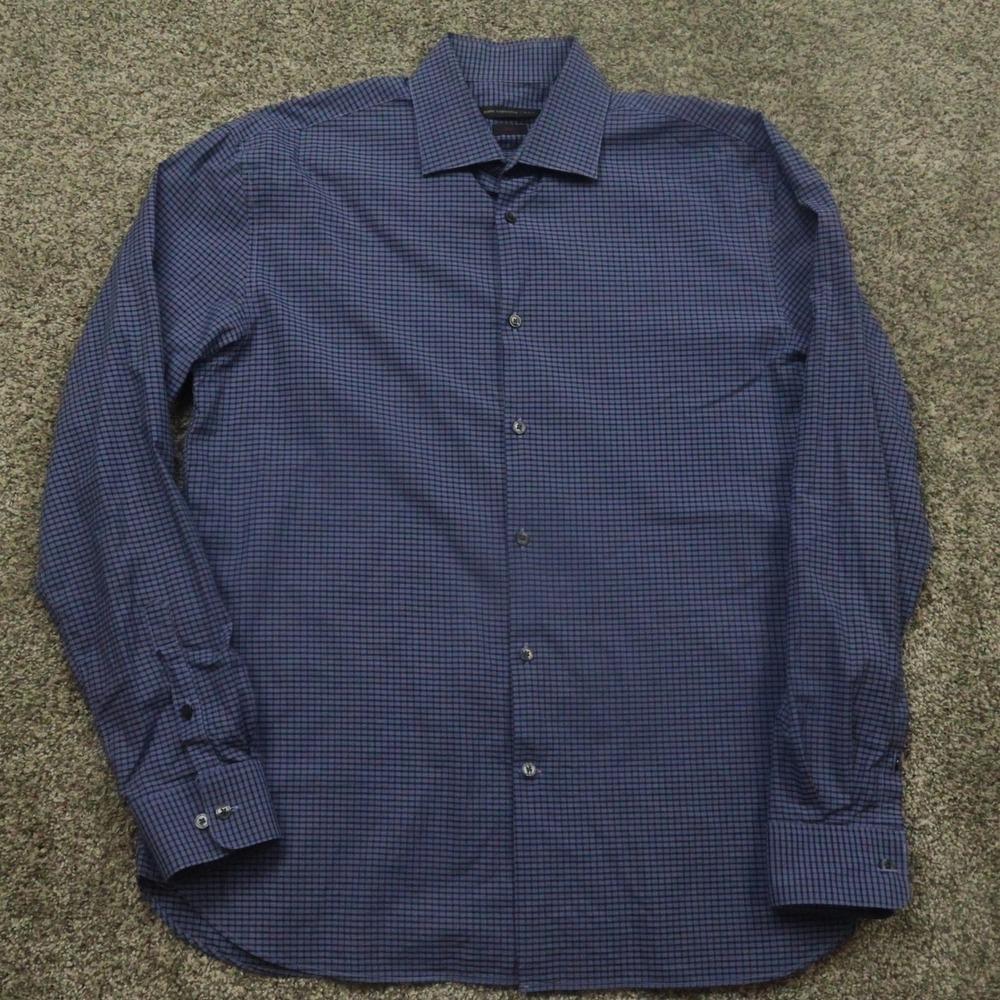 john varvatos shirt mens L 16 34/35 Men's Blue Checkered Long Sleeve Dress Shirt